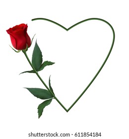 Realistic red rose, romantic frame, heart