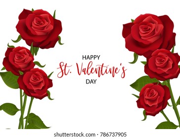 Realistic red rose St Valentine's day card. Love roses flower bouquet Valentines banner frame. Beautiful holiday blossom invitation. Vector colored rose illustration. Spring summer wedding background