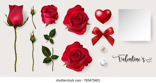 Realistic Of Red Roses 5 Styles And Leaves For Decorate Artwork For Valentine Or Wedding Invitation Card. Eps.10