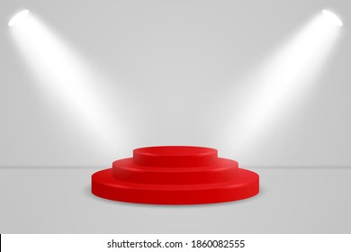 Realistic red round display podium mockup. Minimal scene with cylinder platform and spotlights for product show. Vector illustration of pedestal for xmas gift or valentine day present