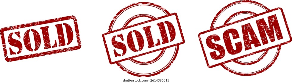 Realistic Red Rubber Stamp Vector Set – SCAM and SOLD Stamps with Distressed Ink Texture on White Background