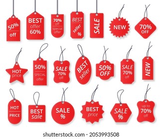 Realistic red sale labels, discount price tags mockups. Paper gift label with rope, promotional sales hanging tag vector template set. Retail product sticker elements with deal, hot price