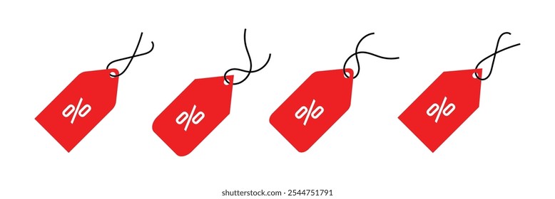 Realistic red sale labels, discount price tags mockups. Paper gift label with rope, promotional sales hanging tag vector template set. Retail product sticker elements with deal, hot price. Price tag.