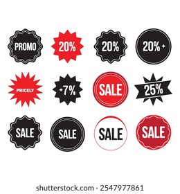 Realistic red sale labels, discount price tags mockups. Paper gift label with rope, promotional sales hanging tag vector template set. Retail product sticker elements with deal, hot price.