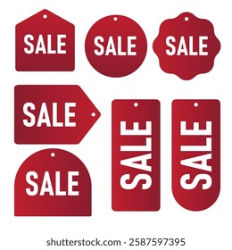 Realistic red sale labels, discount price tags mockups. Paper gift label