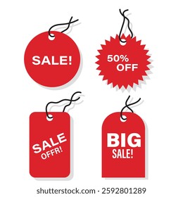 Realistic red sale labels, discount price tags mockups. Paper gift label with rope, promotional sales hanging tag vector template set. Retail product sticker elements with deal, hot price