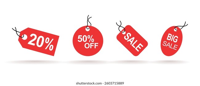 Realistic red sale labels, discount price tags mockups. Paper gift label with rope, promotional sales hanging tag vector template set. hot price icon set of red sale on  white background