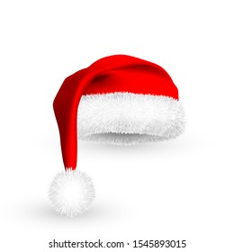 Realistic Red Santa Claus hat isolated on white background. Gradient mesh Santa Claus cap with fur. Vector illustration.