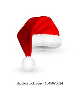 Realistic Red Santa Claus hat isolated on white background. Gradient mesh Santa Claus cap with fur. Vector illustration.