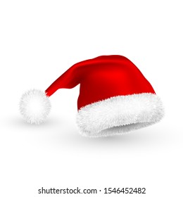 Realistic Red Santa Claus hat isolated on white background. Gradient mesh Santa Claus cap with fur. Vector illustration.