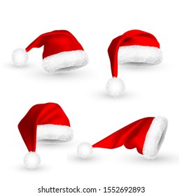 Realistic Red Santa Claus hat isolated on white background. Gradient mesh Santa Claus cap with fur. Vector illustration.