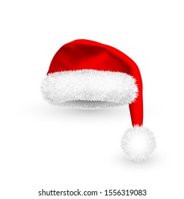 Realistic Red Santa Claus hat isolated on white background. Gradient mesh Santa Claus cap with fur. Vector illustration.