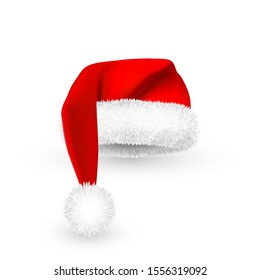 Realistic Red Santa Claus hat isolated on white background. Gradient mesh Santa Claus cap with fur. Vector illustration.