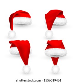 Realistic Red Santa Claus hat isolated on white background. Gradient mesh Santa Claus cap with fur. Vector illustration.