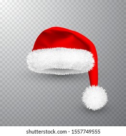 Realistic Red Santa Claus hat isolated on gray transparent background. Gradient mesh Santa Claus cap with fur. Vector illustration.