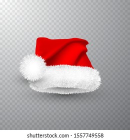 Realistic Red Santa Claus hat isolated on gray transparent background. Gradient mesh Santa Claus cap with fur. Vector illustration.