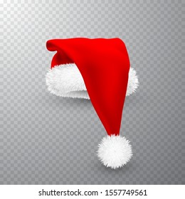 Realistic Red Santa Claus hat isolated on gray transparent background. Gradient mesh Santa Claus cap with fur. Vector illustration.