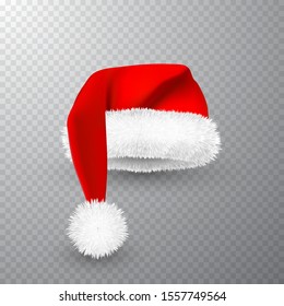 Realistic Red Santa Claus hat isolated on gray transparent background. Gradient mesh Santa Claus cap with fur. Vector illustration.