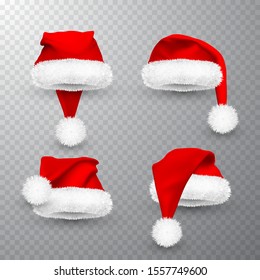 Realistic Red Santa Claus hat isolated on gray transparent background. Gradient mesh Santa Claus cap with fur. Vector illustration.