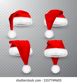 Realistic Red Santa Claus hat isolated on gray transparent background. Gradient mesh Santa Claus cap with fur. Vector illustration.