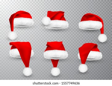 Realistic Red Santa Claus hat isolated on gray transparent background. Gradient mesh Santa Claus cap with fur. Vector illustration.