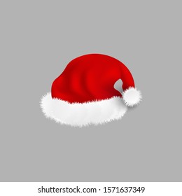 Realistic red Santa Claus hat with fluffy white fur isolated on grey background. Christmas and New Year celebration symbol and seasonal holiday costume accessory - vector illustration