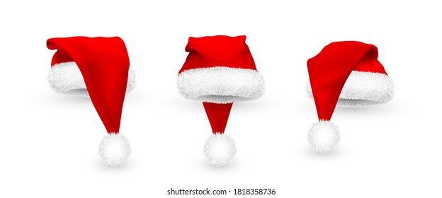 Realistic Red Santa Claus hat isolated on white background. Gradient mesh Santa Claus cap with fur. Vector illustration.