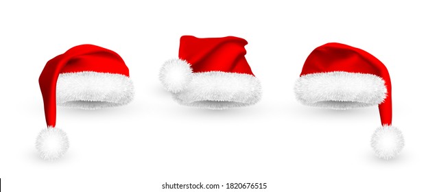 Realistic Red Santa Claus hat isolated on white background. Gradient mesh Santa Claus cap with fur. Vector illustration.