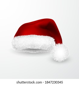 Realistic Red Santa Claus hat isolated on white background. Gradient mesh Santa Claus cap with fur. Vector illustration.