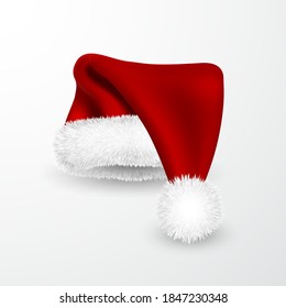 Realistic Red Santa Claus hat isolated on white background. Gradient mesh Santa Claus cap with fur. Vector illustration.