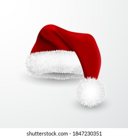 Realistic Red Santa Claus hat isolated on white background. Gradient mesh Santa Claus cap with fur. Vector illustration.