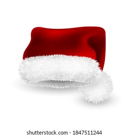 Realistic Red Santa Claus hat isolated on white background. Gradient mesh Santa Claus cap with fur. Vector illustration.