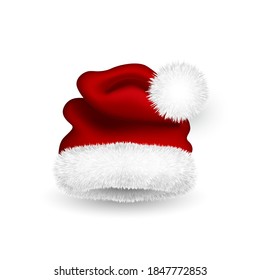 Realistic Red Santa Claus hat isolated on white background. Gradient mesh Santa Claus cap with fur. Vector illustration.