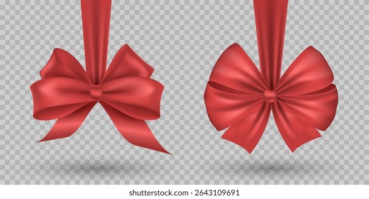 Realistic red satin bows with glossy highlights on a transparent background. Decorative design element for holiday packaging, Christmas cards, Valentine`s day gifts or festive invitations. Vector.