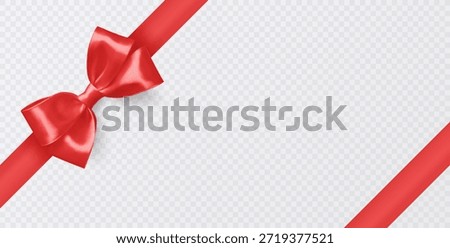 Realistic red satin ribbon with a voluminous bow placed diagonally across a transparent background. High-quality vector illustration featuring soft shadows and silk texture. Perfect decorative element for gift boxes, greeting cards, festive banners, and holiday packaging