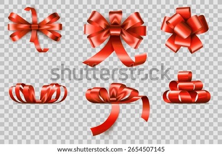 Realistic red satin ribbons for decorating gifts. Holiday box tying. Birthday anniversary party present wrap. Silk knots top and side views. Xmas glossy stripes. Curling bands. Vector 3D objects set
