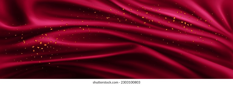 Realistic red silk cloth background with golden particles. Vector illustration of trendy Viva Magenta satin drapery with luxury gold shimmering pieces. Smooth drapery surface. Sale, discounts banner