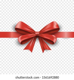Realistic red silk gift bow with ribbon isolated on transparent background. Valentine or christmas celebration bow. Satin decoration gift ribbon bows. Vector illustration