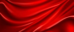 Realistic Red Silk Top View Vector Background. Elegant And Soft Royal Backdrop Of Shine Flowing Surface. Red Luxurious Background Design. Vector Illustration