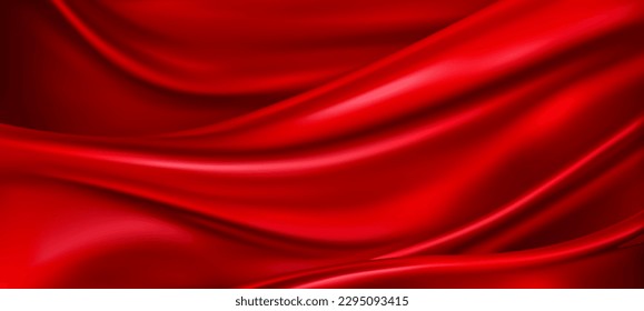 Realistic red silk top view vector background. Elegant and soft royal backdrop of shine flowing surface. Red luxurious background design. Vector illustration