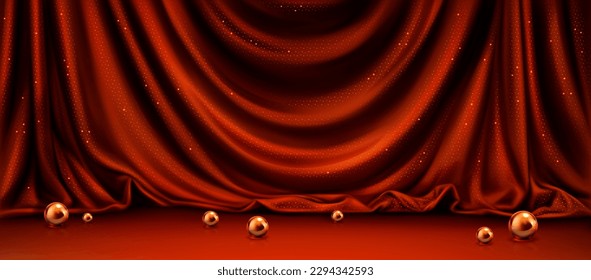Realistic red silky curtain with golden beads on stage. Vector illustration of satin cloth drapery. Theater, circus, party decoration. Product presentation podium. Luxury smooth material texture