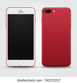 Realistic Red Smartphone with Blank Screen isolated on White Background. Front and Back View For Print, Web, Application. High Detailed Device Mockup Separate Groups and Layers. Easily Editable Vector