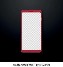 Realistic Red Smartphone On Black Background. 3D Mobile Phone Mockup With Transparent Screen. Vector