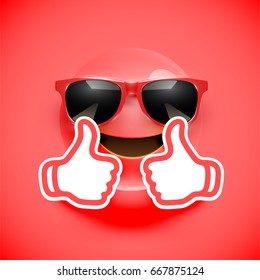 Realistic red smiley with sunglasses and thumbs up, vector illustration