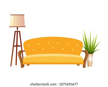 Realistic red sofa with floor lamp and flowerpot interior vector illustration
