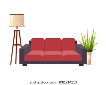 Realistic red sofa with floor lamp and flowerpot interior vector illustration