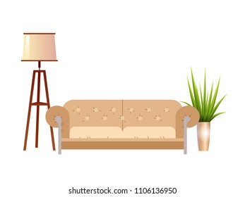 Realistic red sofa with floor lamp and flowerpot interior vector illustration