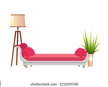 Realistic red sofa with floor lamp and flowerpot interior vector illustration