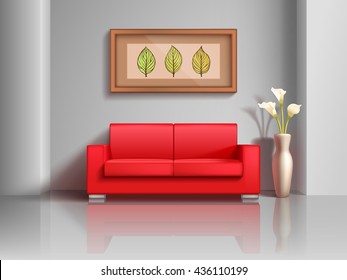 Sofá rojo realista y maceta floreada en el interior del salón. Moderno apartamento interior realista con mobiliario cómodo sofá. Ilustración del vector