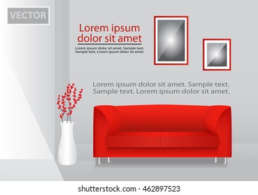 Realistic red sofa with flowers in a pot and painting interior. Modern living room. Template. Vector illustration.